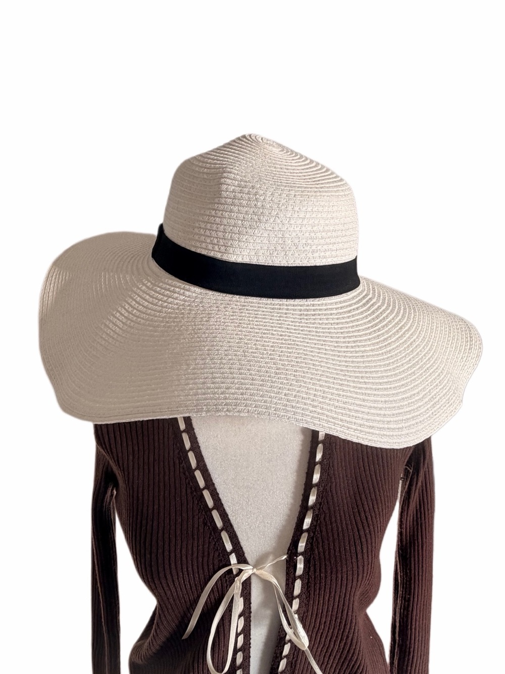 Oversized Wide Brim Straw Sun Hat White Black Trim Extra Large Dramatic Beach - Picture 2 of 4